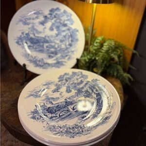 (4) Wedgwood & Co Ltd Countryside Blue and White Dinner Plates, Set, 10 Inch